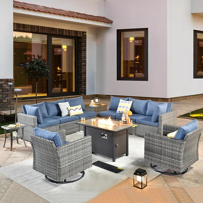 ovios 11 Piece Outdoor Patio Furniture Set with Fire Pit Table,Conversation Sectional Wicker Couch with Swivel Chairs,Modern Outside Sofa for Balcony Backyard, Navy Blue