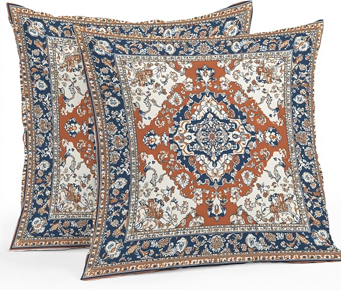 Orange Blue Boho Southwestern Outdoor Pillow Covers 18x18 Inch Throw Pillow Covers Set of 2 Waterproof Decorative Pillow Cases Traditional Ethnic Classical Cushion Covers for Patio Furniture Garden