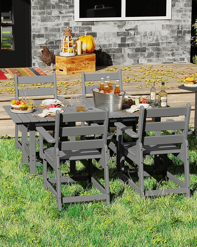 GREENVINES 5-Piece-Outdoor-Table-and-Chairs | HDPE | Patio Furniture | Slatted Dining Sets for 4 | Removable Armrests | Connectable Tables | All Weather | for Backyard Poolside Garden | Grey