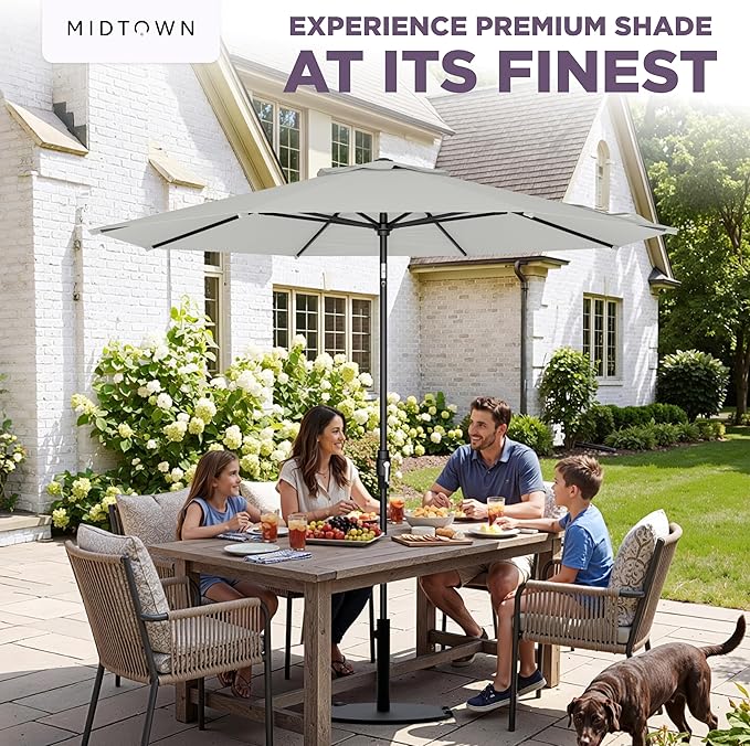 The Swilt 9 Feet Outdoor Umbrella With Terylast Off Cream (Off White) Polyester Fabric - Fiberglass Ribs, Auto-Tilt And Swivel Aluminum Frame Patio Umbrella For Deck, Garden, Pool - Black Pole