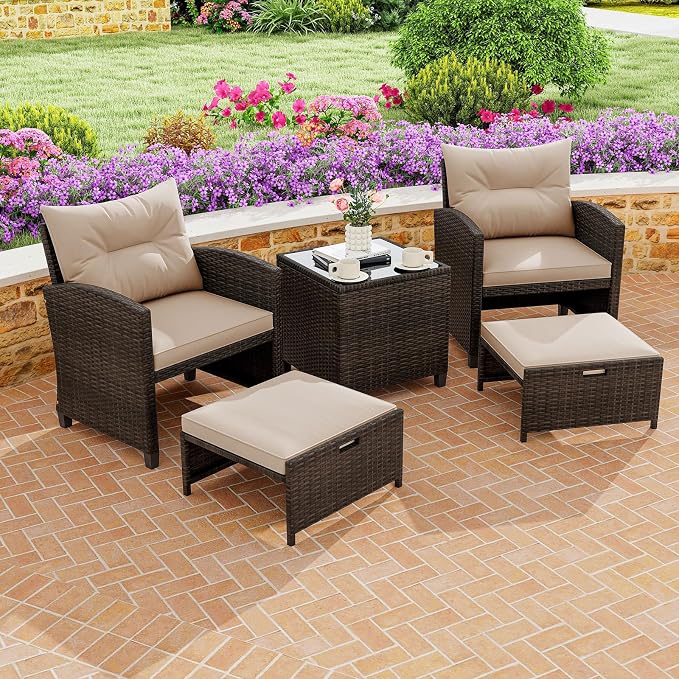 ORALNER 5 Pieces Patio Furniture Set with Ottoman, Wicker Conversation Set w/Cushions, Glass Coffee Table, Outdoor Rattan Lounger Chairs Bistro Set for Porch Balcony Garden Deck Poolside (Beige)