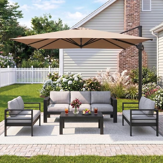 Wisteria Lane 5 Pieces Aluminum Patio Furniture Set with Umbrella, All Weather Oversized Outdoor Furniture Set with Deep Seat and Back Cushion, Patio Conversation Sets Wide armrest, Light Gray & Kahki