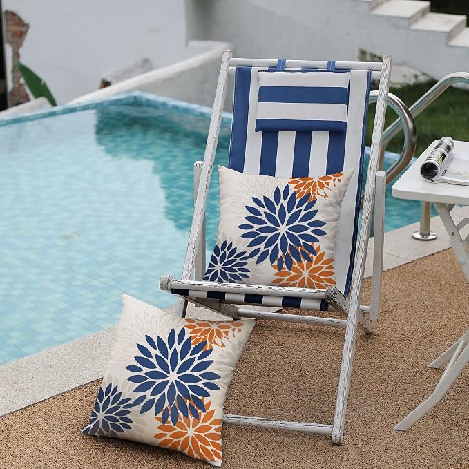 DFXSZ Outdoor Waterproof Pillow Covers 18x18 Set of 2 Blue Orange Flower | Spring Summer Waterproof Flower Throw Pillowcases（No Inserts）Outdoor Decor for Fall Patio Funiture Garden Polyester Covers