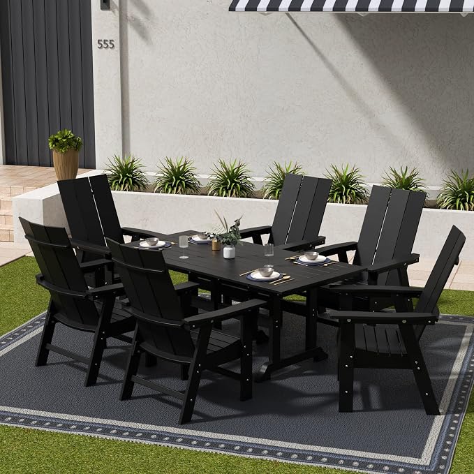 WestinTrends Ashore 7 Pieces Adirondack Outdoor Dining Set, All Weather Poly Lumber Slatted Modern Farmhouse Outdoor Furniture Set, 71" Trestle Dining Table and 6 Adirondack Dining Chair, Black
