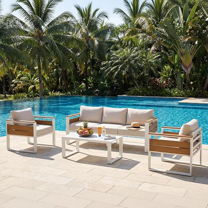 Aluminum Outdoor Patio Furniture Set, 5 Seats Outdoor Patio Sectional with 5" Plush Olefin Cushions & Sleek Design, All-Weather Conversation Sets for Backyard, Deck, Poolside
