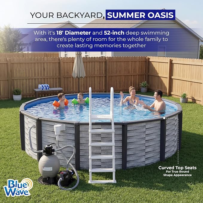 Blue Wave Affinity 18-ft Round 52-in Deep Hard Sided Above Ground Pool with Resin Top Seats & Verticals, Dual-Speed Sand Filter System, Ladder, Liner, Skimmer & Maintenance Kit – 7,200 Gal Cap