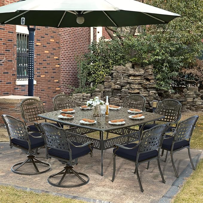 SOCIALCOMF 9-Piece Patio Cast Aluminum Dining Set, Outdoor Table and Chairs Set for 8, Includes 64" Large Square Dining Table, 4 Stationary, 4 Swivel Dining Chairs with Umbrella Hole, Navy Blue