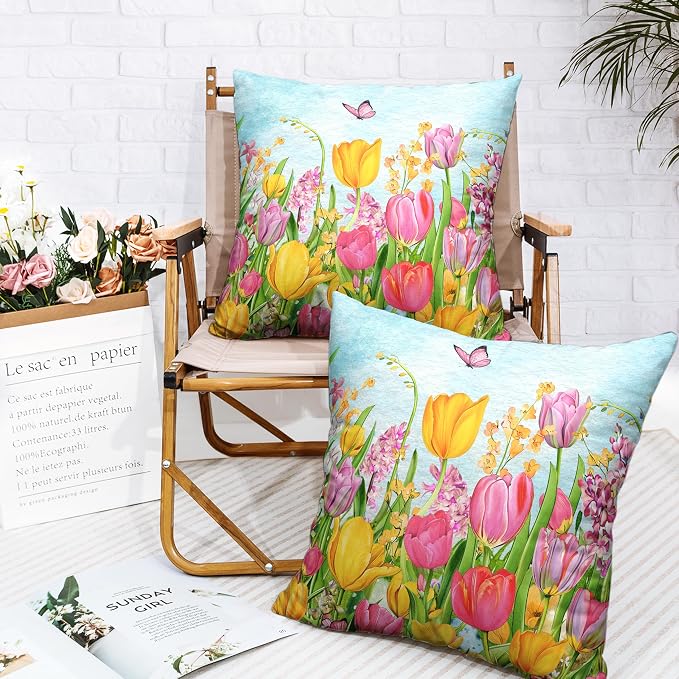 Tulip Pillow Covers 16x16 Set of 2 Spring Throw Pillow Covers Pink Yellow Tulip Floral Outdoor Pillowcase Watercolor Cotton Linen Cushion Case for Sofa Outdoor Patio