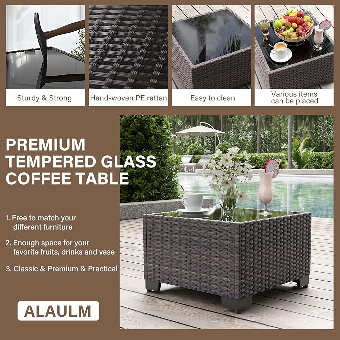 ALAULM 8 Pieces Patio Furniture Set with Aluminum Fire Pit Table Outdoor Furniture Sets 55000BTU Gas Fire Pit Brown PE Rattan Wicker Patio Conversation Sets w/6 Cushions-Grey