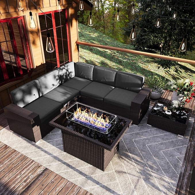 7 Pieces Patio Furniture Set with 44" Propane Gas Fire Pit Table, Outdoor Sectional Wicker Conversation Sofa Sets with Coffee Table