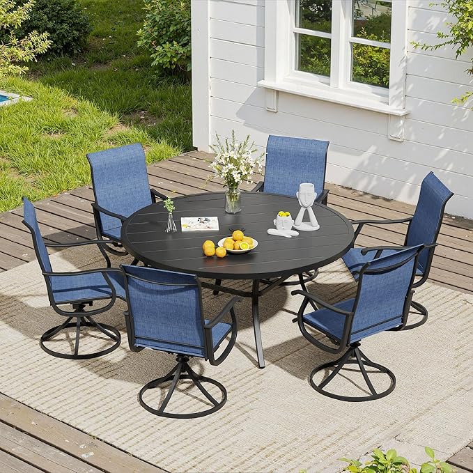 VICLLAX 7 Pieces Outdoor Dining Set, Patio Furniture Set of 6 Patio Swivel Dining Chairs and 50" Patio Round Table, Navy Blue Chairs & Black Tabletop