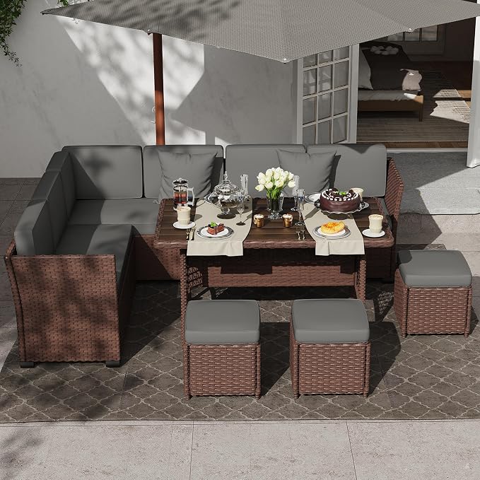 KIGOTY 7 Piece Patio Furniture Set, Outdoor PE Wicker Rattan Outdoor Dining Set, Patio Table and Chairs Set, Patio Conversation Sofa Set with Dining Table and Ottoman(Brown-Grey)