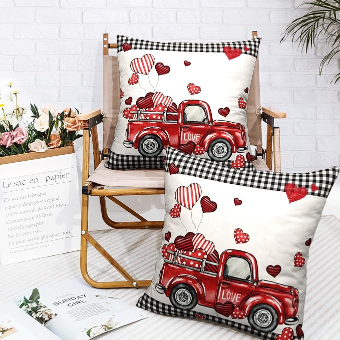Valentines Throw Pillow Covers 22x22 Valentines Day Red Truck Pillow Covers Pack of 2 Heart Balloon Black Buffalo Plaid Decoarative Pillow Case for Home Outdoor Deocr Couch