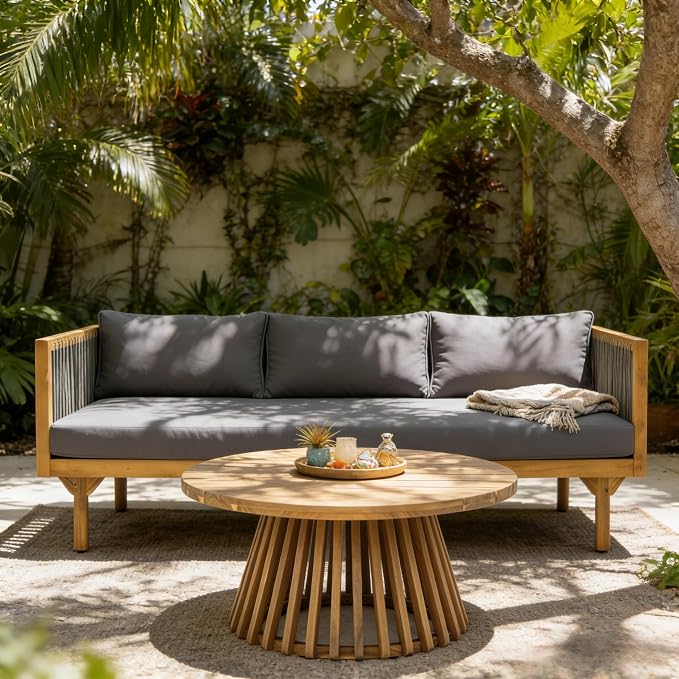 Christopher Knight Home Clarie Patio Sofa and Coffee Table Set, 2 Piece Outdoor Patio Furniture Set with Cushion, Acacia Wood 3 Seater Outdoor Sofa Daybed and Coffee Table Set, Dark Gray+Teak