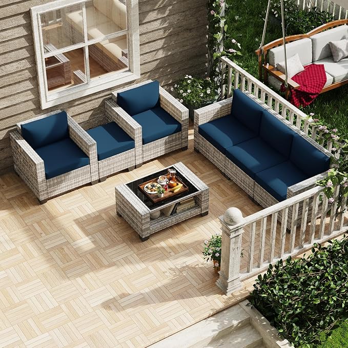KIGOTY Patio Furniture Set 7 PCS Patio Conversation Sets, All-Weather PE Rattan Outdoor Sectional Sofa with Cushion and 2- Tier Glass Coffee Table（Grey White/Dark Blue）