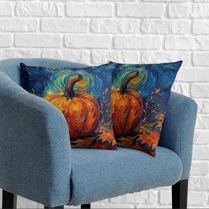 Fall Van Gogh Pillow Covers 22x22 Set of 2 Autumn Pumpkin Under Starry Night Throw Pillow Covers Oil Painting Pillowcase Cushion Case for Home Decor Patio Outdoor Sofa