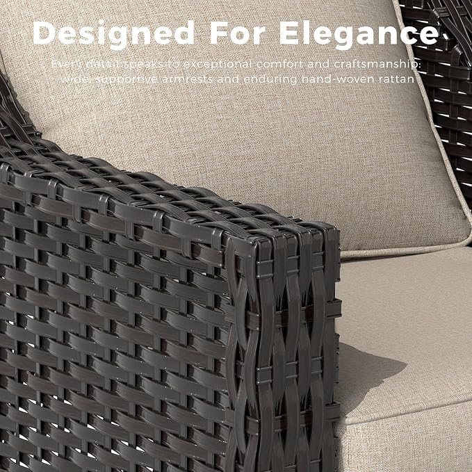 Patio 2 Pieces Wicker Chairs Set of 2，Outdoor PE Rattan Armchairs, Water-Resistant Cushions with Removable and Washable Covers, Porch, Balcony, Sunroom (Beige)