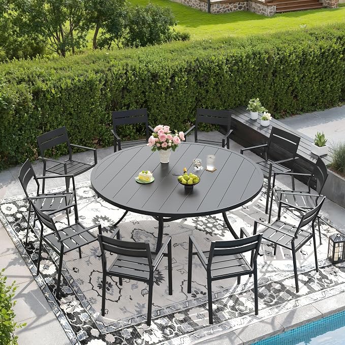 DIFY 11 Piece Outdoor Patio Dining Set for 10, Patio Table and Chairs Set with Umbrella Hole, 60" Round Dining Table and Stackable Metal Chairs for Backyard Garden Poolside, Black