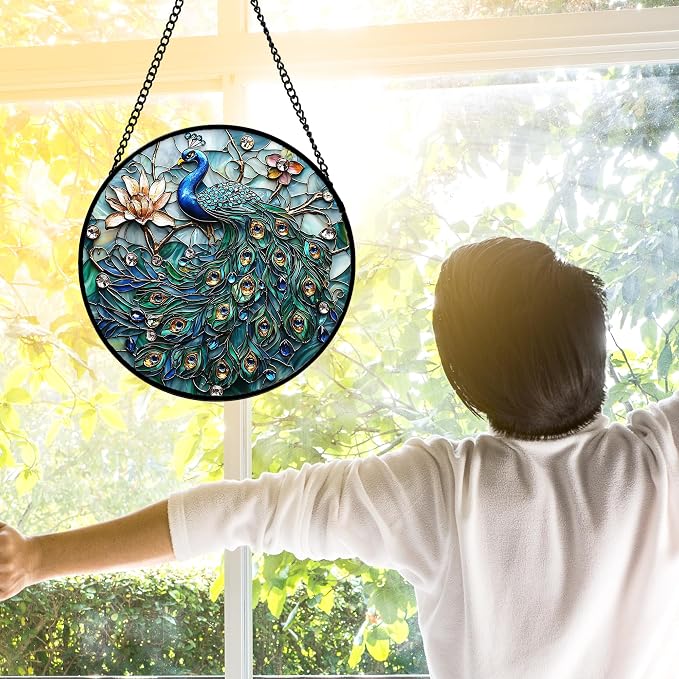 DASTOLL Stained Glass Window Hanging, Blue Peacock Decoration Suncatcher for Door Garden Home Flower Bird Sun Catchers Christmas Mother's Day Birthday Gifts for Women Men Mom Nana Friend 9.8 in