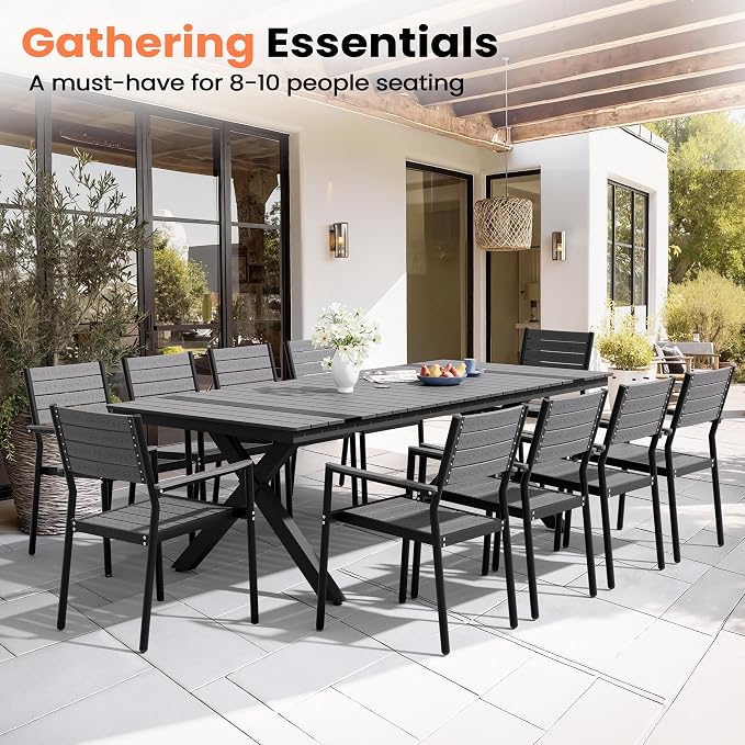 Pellebant 13 Piece Patio Table and Chairs Set for 12, Aluminum Outdoor Dining Set with Umbrella Hole, Stackable Dining Chairs & 118" Dining Table, Grey