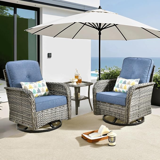 ovios 3-Piece Patio Furniture Set, Outdoor Wicker Sofa with Swivel Chairs, High Back Rattan Gliders Rocker with Comfy Cushions for Porch Yard Deck, Denim Blue