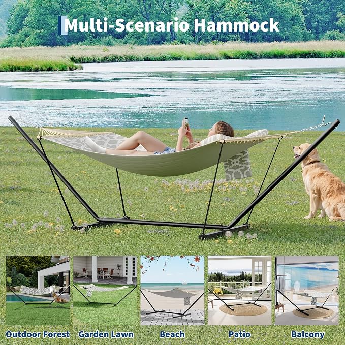 Double Hammock with Stand for Outdoor - Heavy Duty Portable 2 Person Hammock with Adjustable Steel Stand, 450 Lbs Capacity Free-Standing Fabric Hammock Bed with Spreader Bars, Pillow & Side Pocket