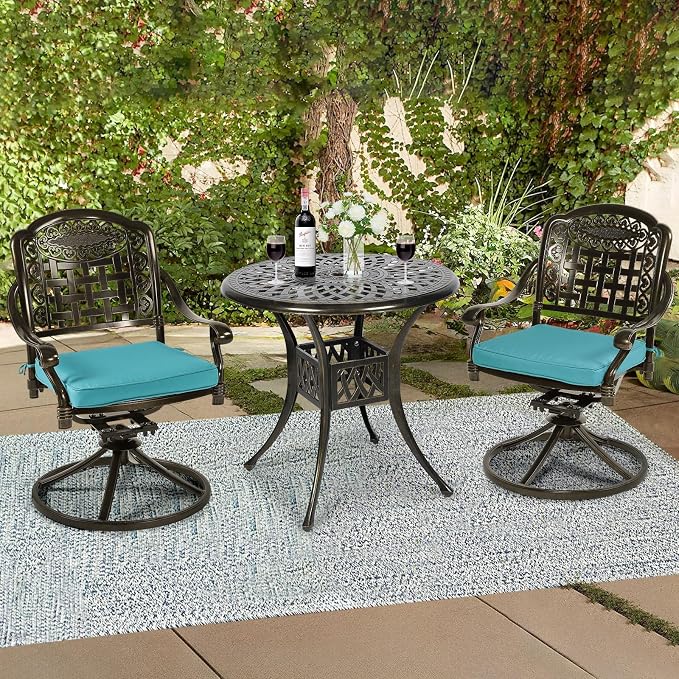 3-Piece Outdoor Patio Dining Set, All-Weather Cast Aluminum Patio Furniture Set for Backyard Garden Deck with 2 Swivel Cushioned Chairs and 31” Round Table, 2" Umbrella Hole, Ocean Blue