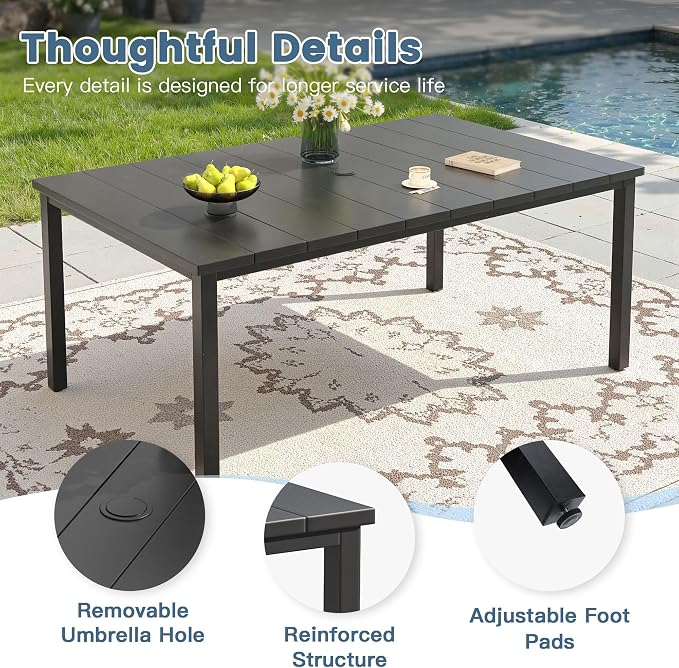 DIFY 7 Pieces Outdoor Dining Set, Metal Patio Table and Chairs Set for 6 with Umbrella Hole, 63" Black Rectangle Table and Blue Textilene Swivel Patio Chairs for Garden, Backyard, Poolside