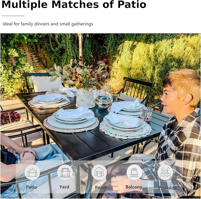 MFSTUDIO Outdoor Dining Set for 6, Patio Furniture Set with Navy Umbrella (Base not Included), Rectangle Metal Table and 6 Swivel Chairs for Patio, Deck, Backyard, Garden
