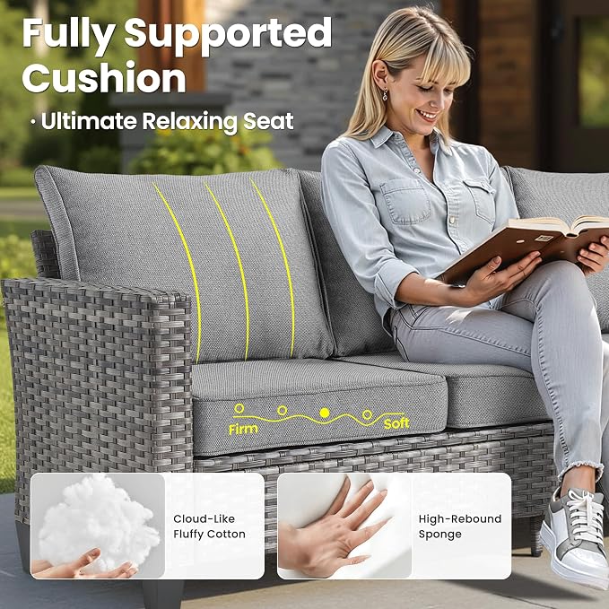 ovios 5 Pieces Patio Furniture Set, Outdoor Wicker Sofa Couch with Chairs Comfy Cushions, All Weather Grey Rattan Conversation Set for Backyard Deck Porch, Dark Grey