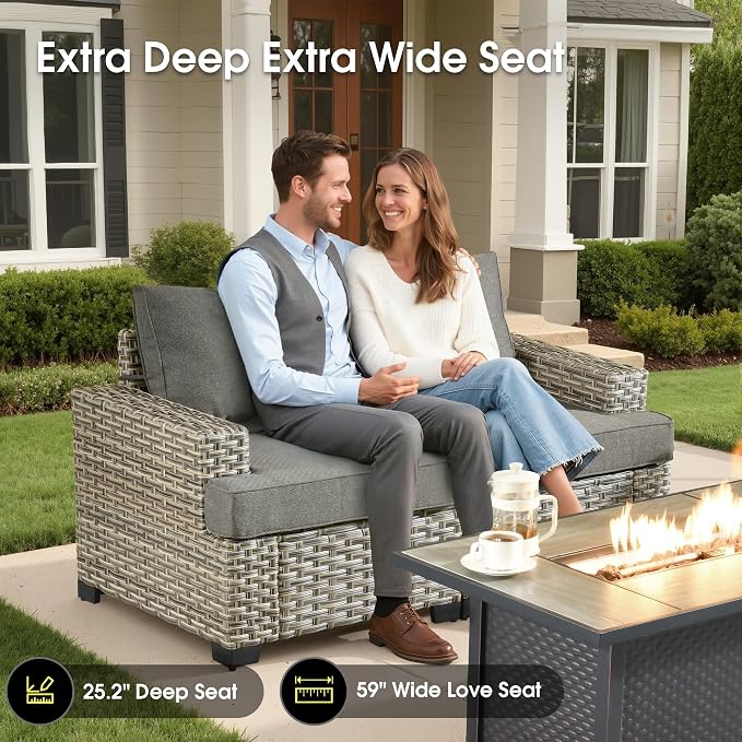 Rattan Patio Furniture Set with Fire Pit,10 Pieces Outdoor Sectional with Single Chair Ottoman,Out Door Furniture Conversation Set,Dark Grey