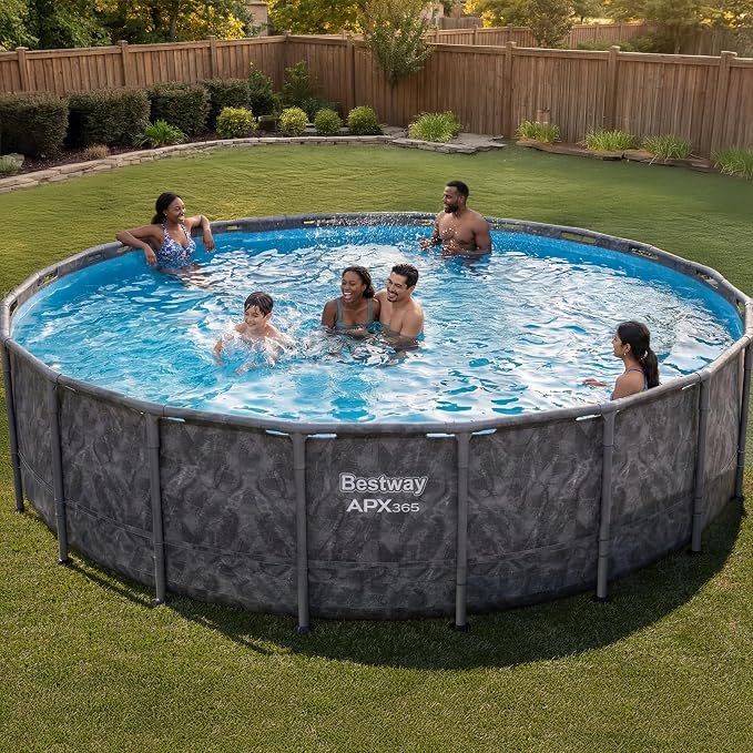 Bestway APX 365 20' x 52" Above Ground Pool, Round Metal Frame Outdoor Swimming Pool Set with Sand Filter Pump, Ladder, and Cover, Dark Marble