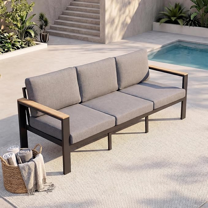 Outdoor Patio Sofa, 3-Seat Aluminum Outdoor Couch with 5-Inch Water-Resistant Cushions, Powder-Coated Frame for Porch, Deck, Backyard, Garden, Poolside, Gray