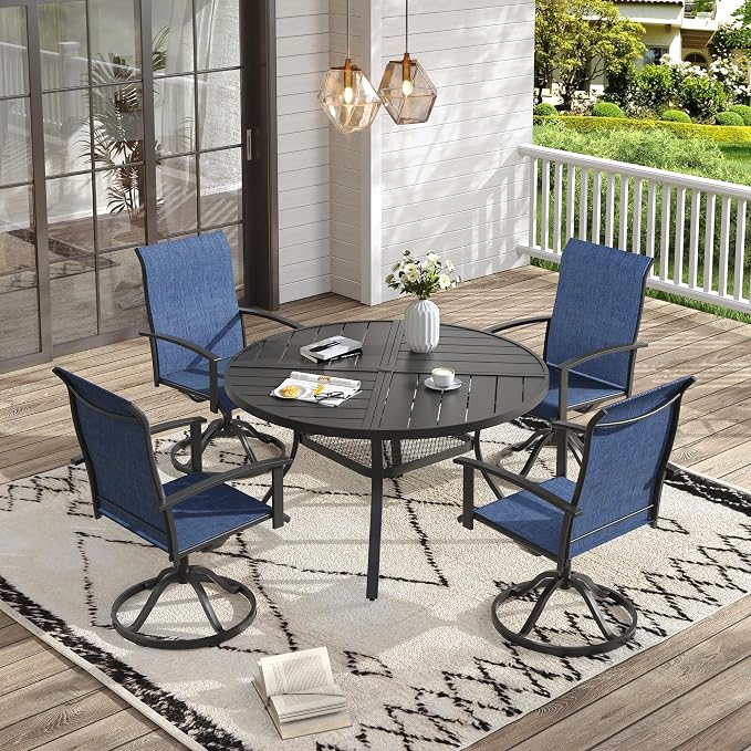 VICLLAX Outdoor Table and Chairs Set of 4, Metal Patio Dining Set-40.7" Round Dining Table and 4 Swivel Chairs for Deck, Lawn and Garden, Black Table and Blue Chairs