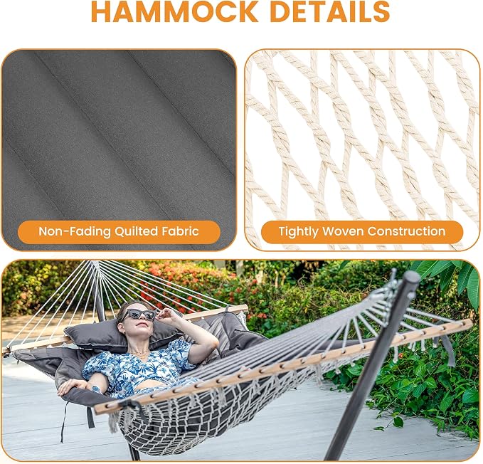 Lazy Daze Hammocks Rope Hammock with Pad, Spreader Bar, Carabiners, Tree Straps, Chains for Outside Patio- Max 450 Lbs, Dark Grey