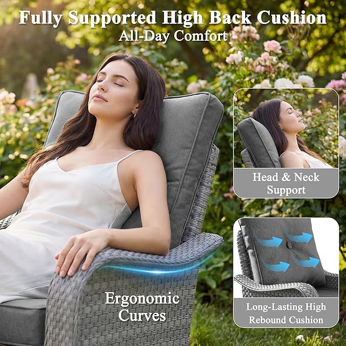 3 Piece Patio Furniture Set with Swivel Rocking Chairs, Outdoor Wicker Conversation Set with 4" Cushions, Glass Side Table, PE Rattan and Rust-Resistant Frame, Black