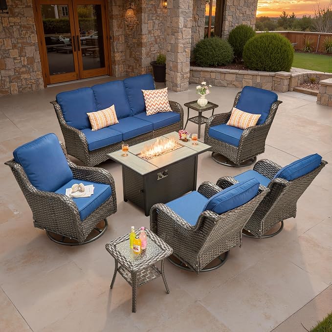 ovios 8-Piece Patio Furniture Set with Swivel Chairs Side Table, Outdoor Wicker Sofa with 42" Fire Pit Table, High Back Couch Modern Conversation Sets, Brown/Navy Blue
