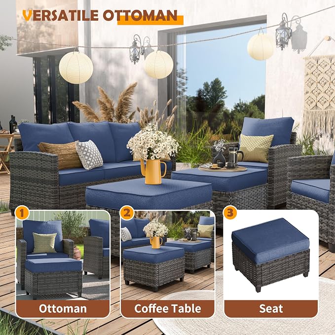 UDPATIO Patio Furniture Set, 5 Pieces Outdoor Sectional Sofa Set, All-Weather Wicker Rattan High Back Outdoor Conversation Set with Ottoman for Poolside, Backyard, Grey Wicker Navy Blue Cushion
