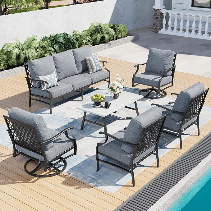 SUNSHINE VALLEY 6 Piece Metal Outdoor Patio Furniture Set, Patio Conversation Sets 1 3-Seater Sofa, 2 Swivel Chair, 2 Leg Chair with 5.75" Thick Cushion and Coffee Table, Backyard Furniture Set, Gray