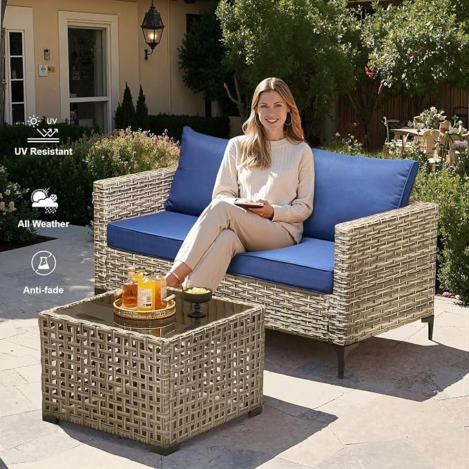 Outdoor Patio Furniture Sets,11 PCS Patio Conversation Set Outside Rattan Sectional Sofa with 54 in Fire Pit Table Wicker Rocking Chair Coffee Table Fit Backyard Porch Garden Poolside Balcony