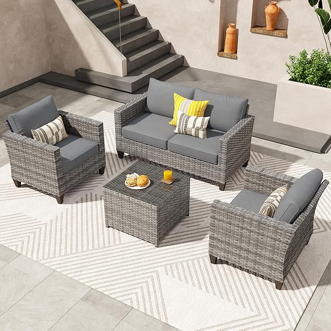ovios 4 Pieces Patio Furniture Set, Outdoor Wicker Rattan Sofa Couch with Loveseat, Chairs, Glass Coffee Table, Conversation Sets for Yard Porch Garden, Dark Grey