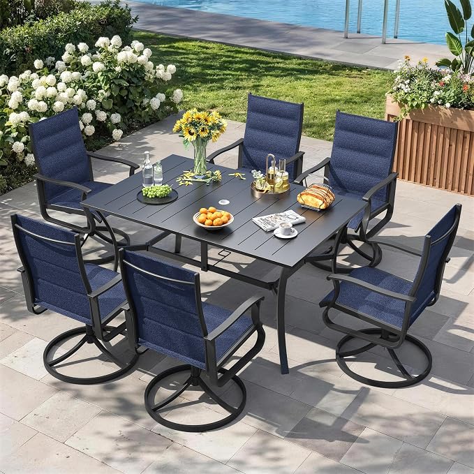 7 Pieces Patio Dining Set, Padded Patio Outdoor Furniture Set of 6 Patio Swivel Dining Chairs and Patio Spliced Rectangular Tabletop with Umbrella Hole, for Deck, Backyard, Poolside & Garden