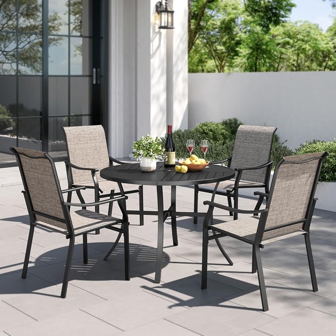 PHI VILLA Outdoor Dining Set for 4 w/Round Metal Patio Table | Textilene chairs, Weather-resistant, Breathable & quick-drying, Umbrella hole, Patio deck backyard, 5 piece