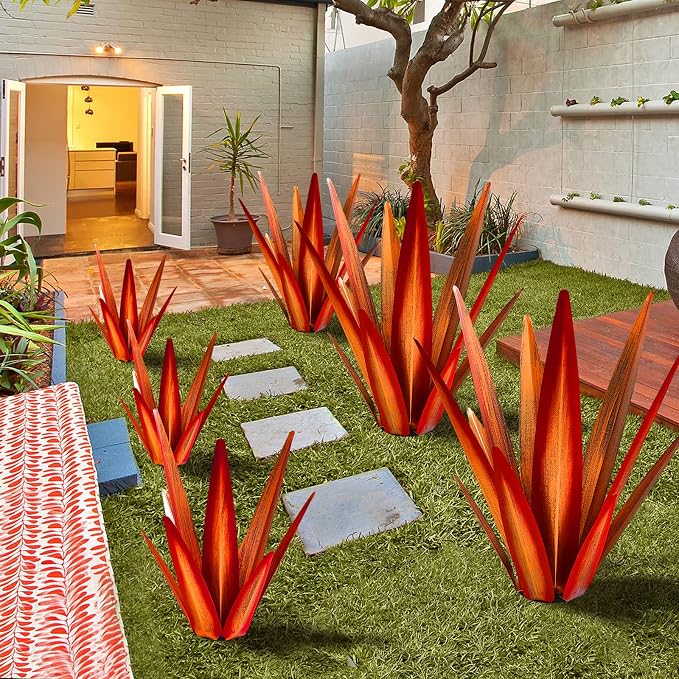 KODIBO 24" Metal Agave Plant Outdoor Decor, Large Garden Sculpture, Red | Wateproof, Rustproof, Hand-Painted Metal Plant, Tequila Rustic Sculpture, Desert Steel Yard Art, Yard Decorations Outdoor