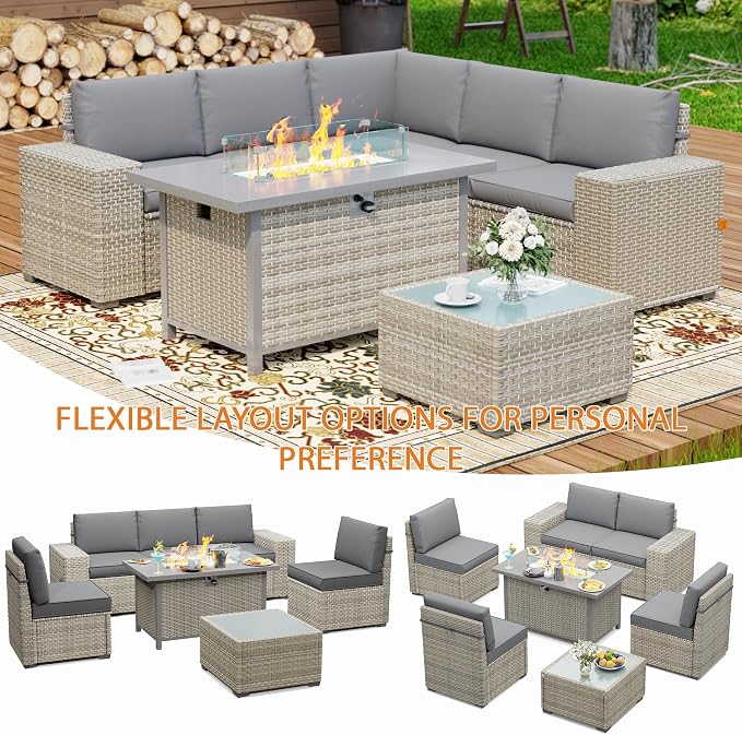 7 Piece Patio Furniture Set, 8" Wide Arm Sectional Sofa Set with 50000 BTU Propane Fire Pit Table & Coffee Table, Rattan Outdoor Conversation Set for Garden, Porch, Lawn, Gray
