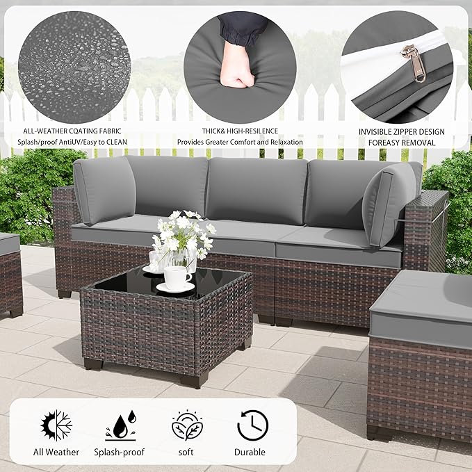 13 Pieces Outdoor Patio Furniture Set,Outdoor Sectional Furniture with 43" 55000 BTU Gas Propane Fire Pit Table,PE Rattan Wicker Patio Conversation Set with 10 Thickened Cushions,Grey