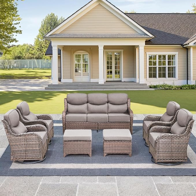 Luxury High Back Outdoor Furniture with 6-Inch Thick Cushions, Patio Furniture Set with Swivel Chairs, 7 PCS Wicker Conversation Set for Porch, Balcony, Deck and Yard
