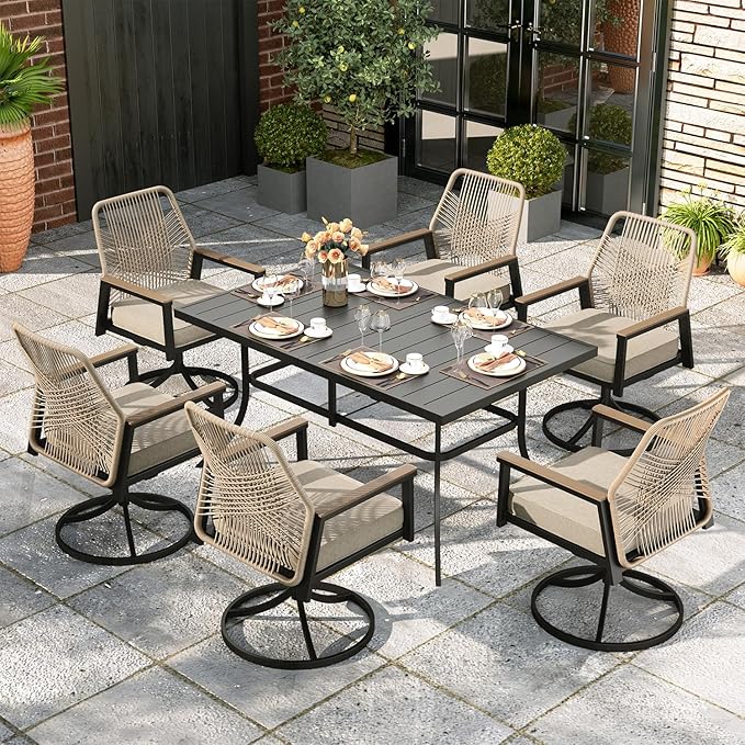 MIXPATIO 7 Pieces Outdoor Patio Dining Set, Wicker Patio Table and Chairs Set of 6, Swivel Wicker Chairs with 3.2" Cushion and Rectangular Table with Umbrella Hole for Yard, Porch, Beige