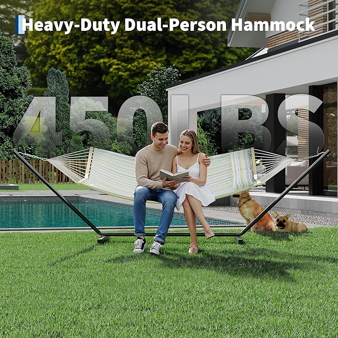 Garvee 2 Person Outdoor Hammock with Stand, Heavy Duty Portable Double Hammock with Balance Rope, MAX 450 LBS Capacity for Patio, Backyard, Garden, Beach