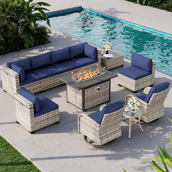 11-Piece Outdoor Patio Furniture Set with Rocking Swivel Chair, Wicker Rattan Sectional Sofa Conversation Set with 55,000 BTU Fire Pit Table, Backyard Furniture, Navy Blue